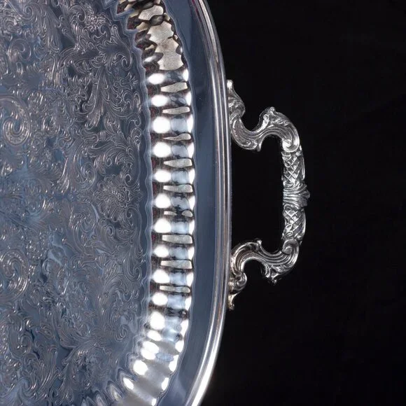 Silver Plated Serving Tray With Intricate Engraving & Handles | Leonard Silver - Picture 4 of 11